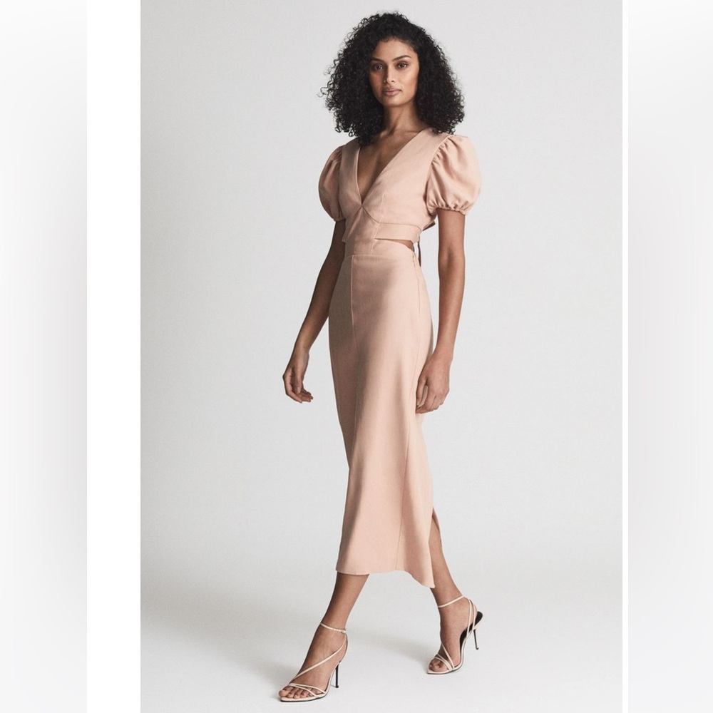 REISS PUFF SLEEVE CUT OUT BACK MIDI DRESS - NWTags